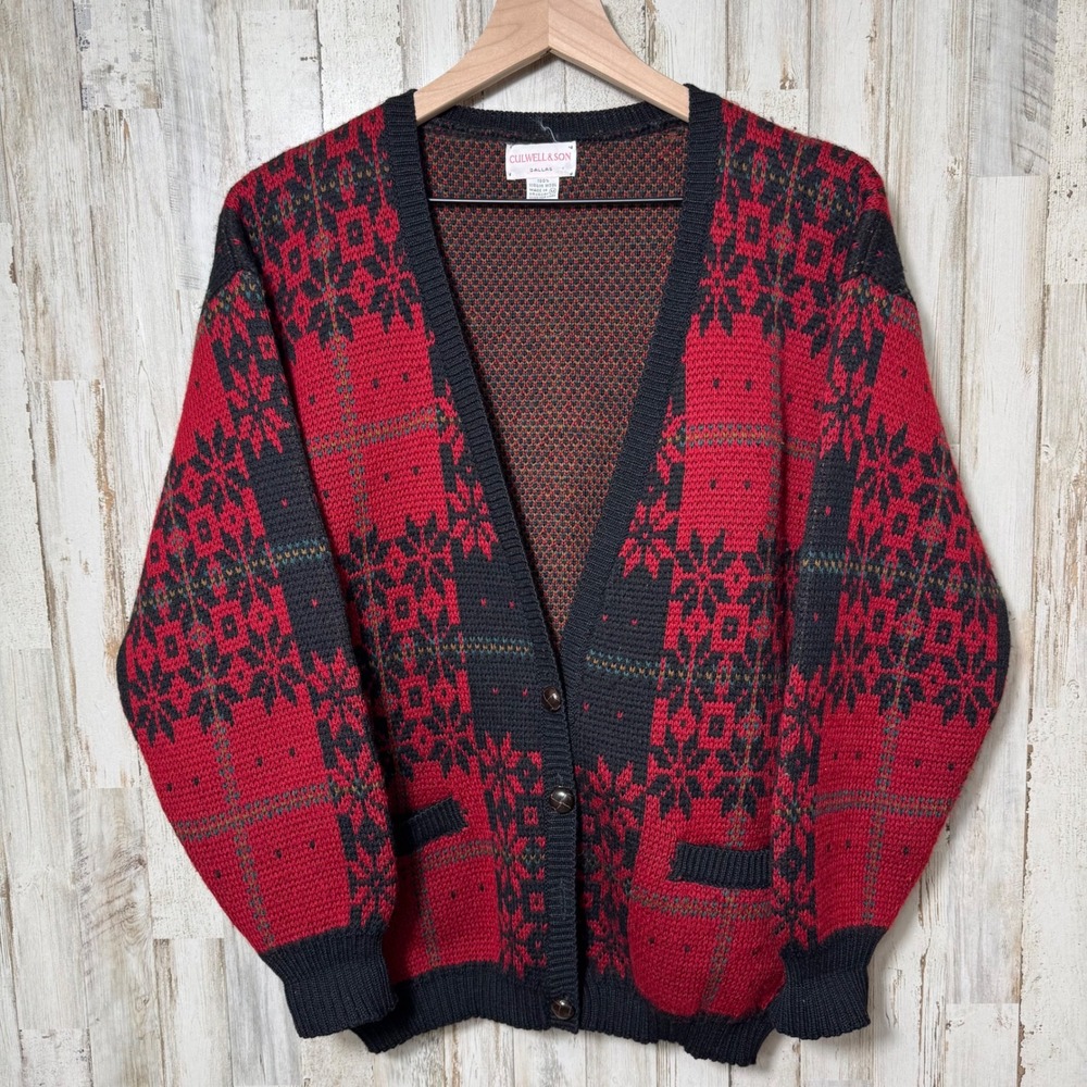 Vintage 90s Mens M Red Black Fair Isle Snowflake Virgin Wool‎ Cardigan Sweater M